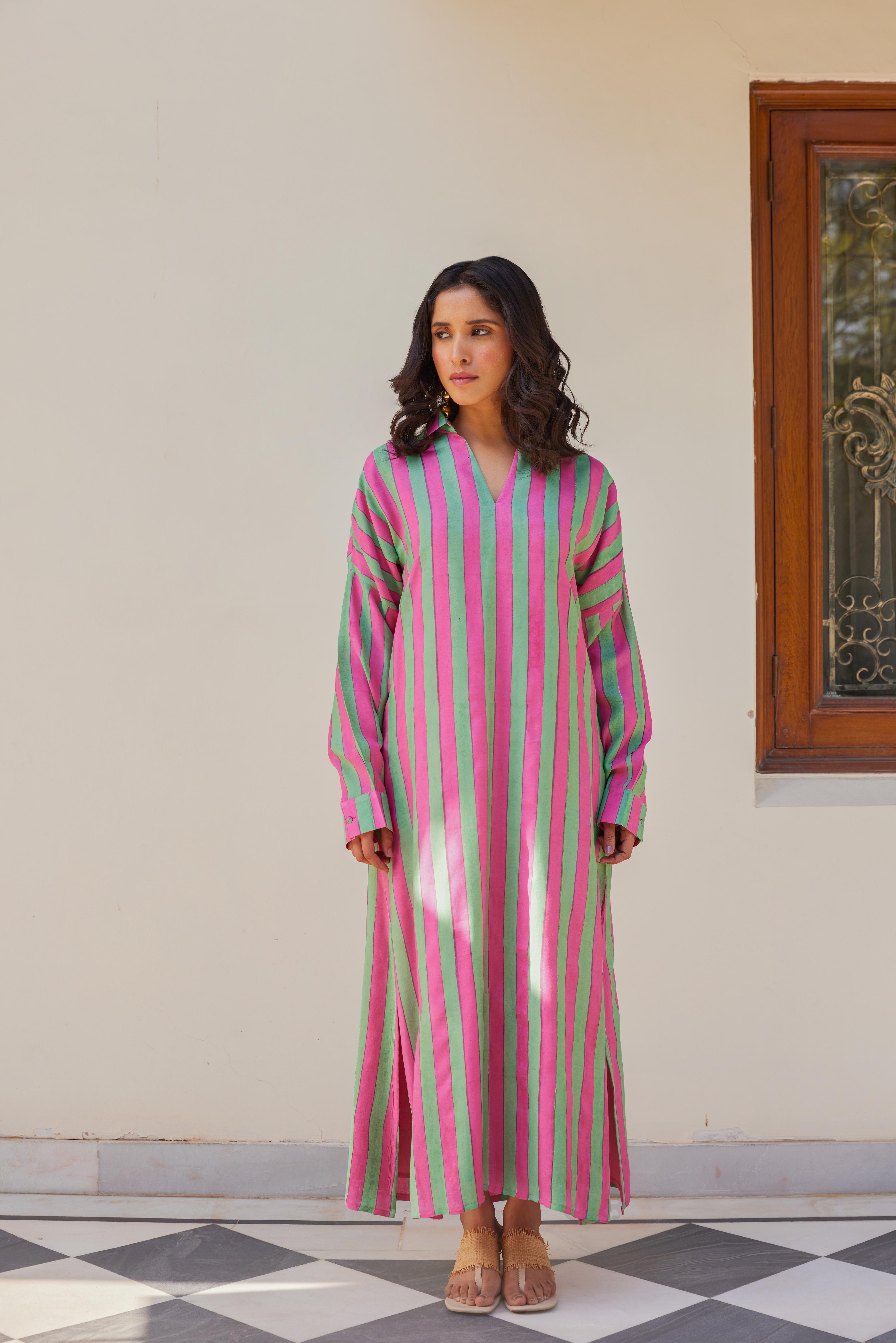 Green and Pink Stripe Maxi Dress