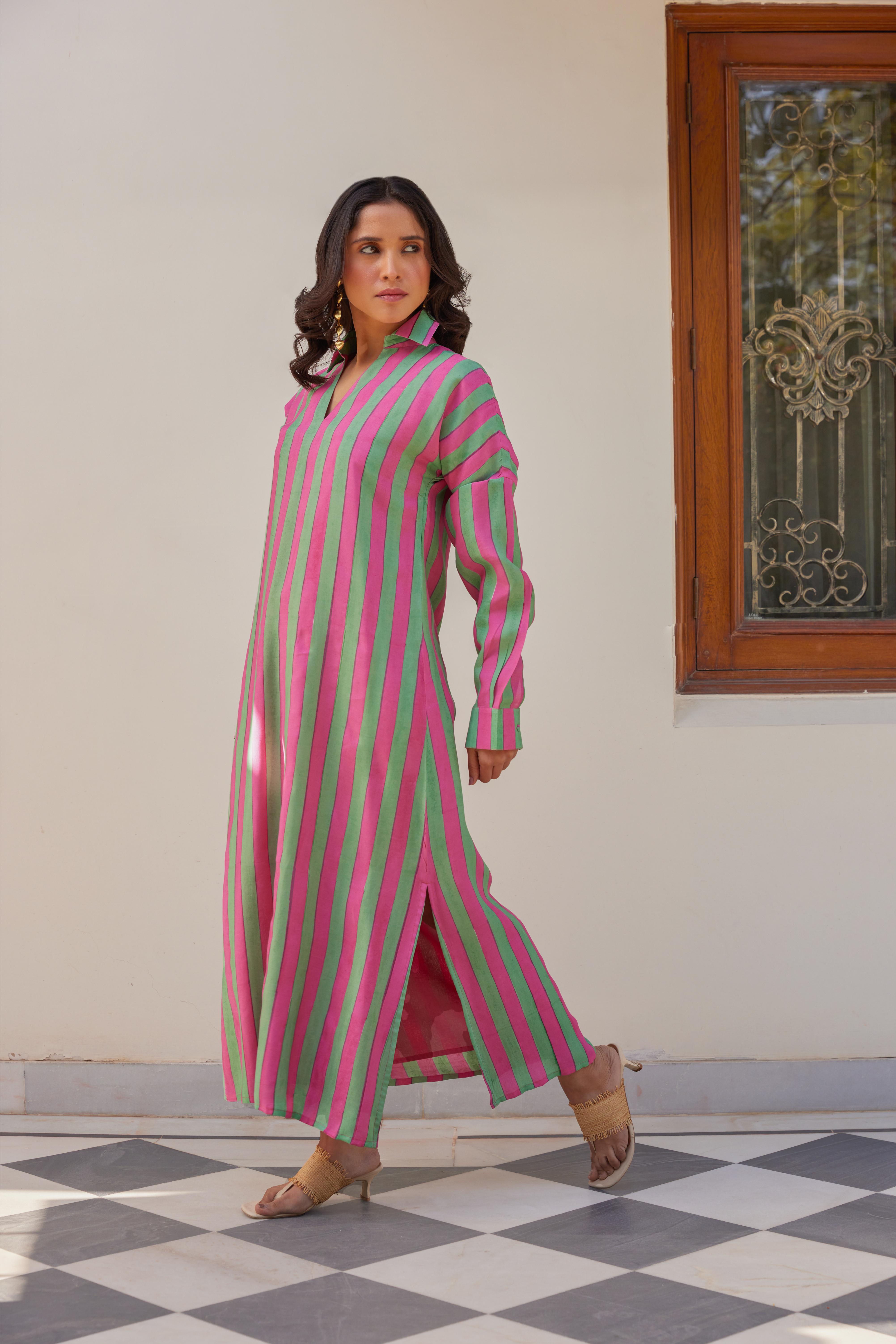 Green and Pink Stripe Maxi Dress