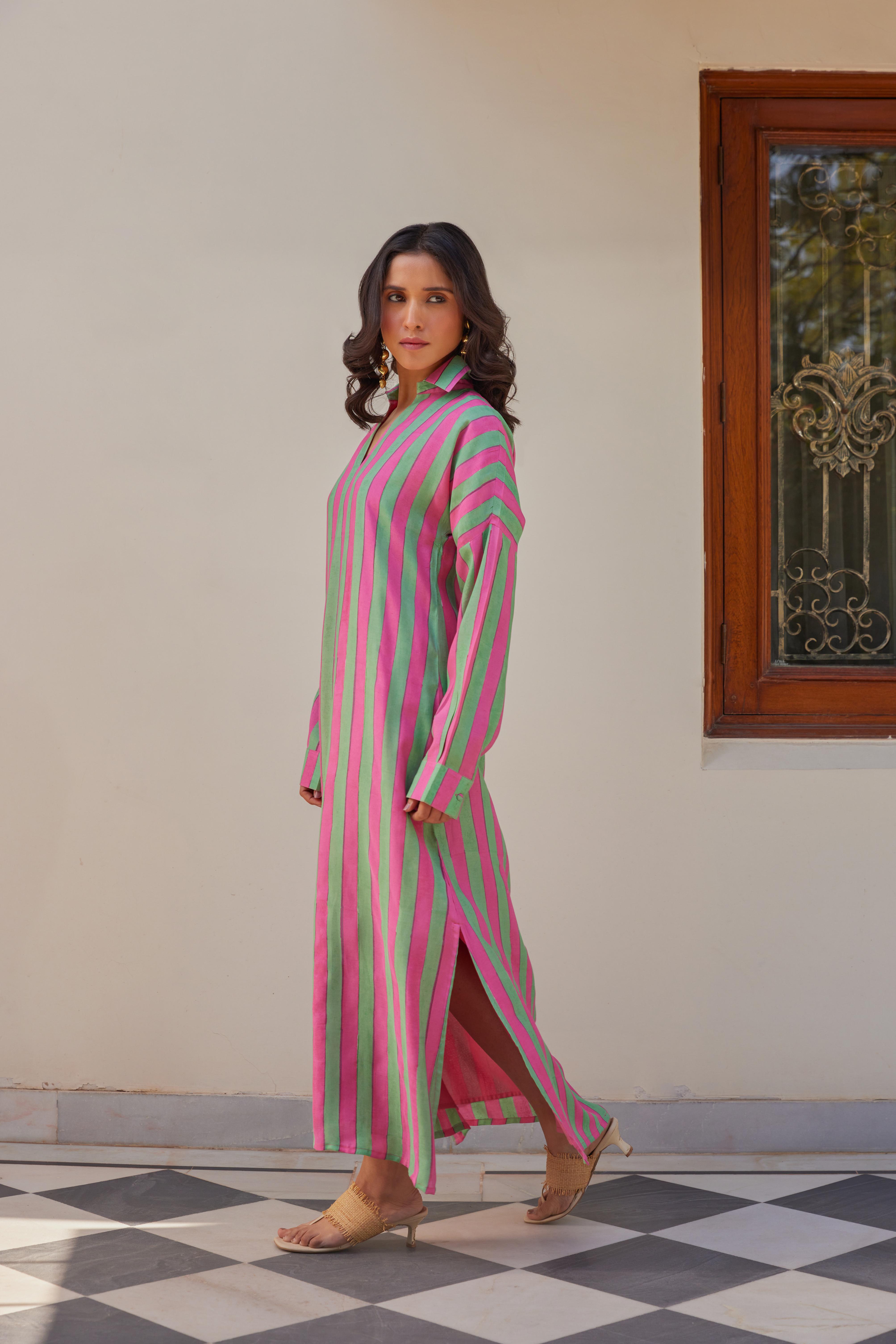 Green and Pink Stripe Maxi Dress