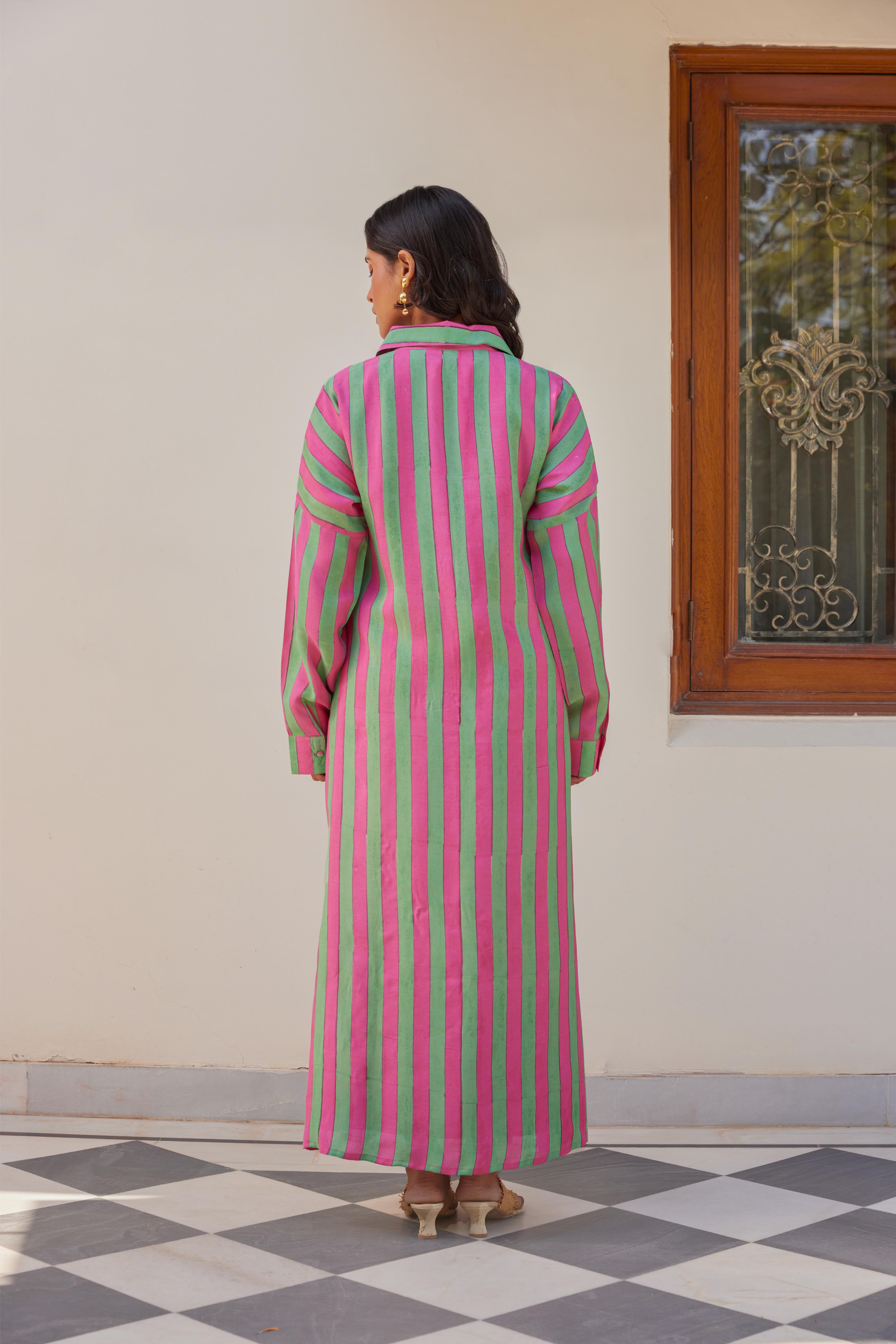 Green and Pink Stripe Maxi Dress