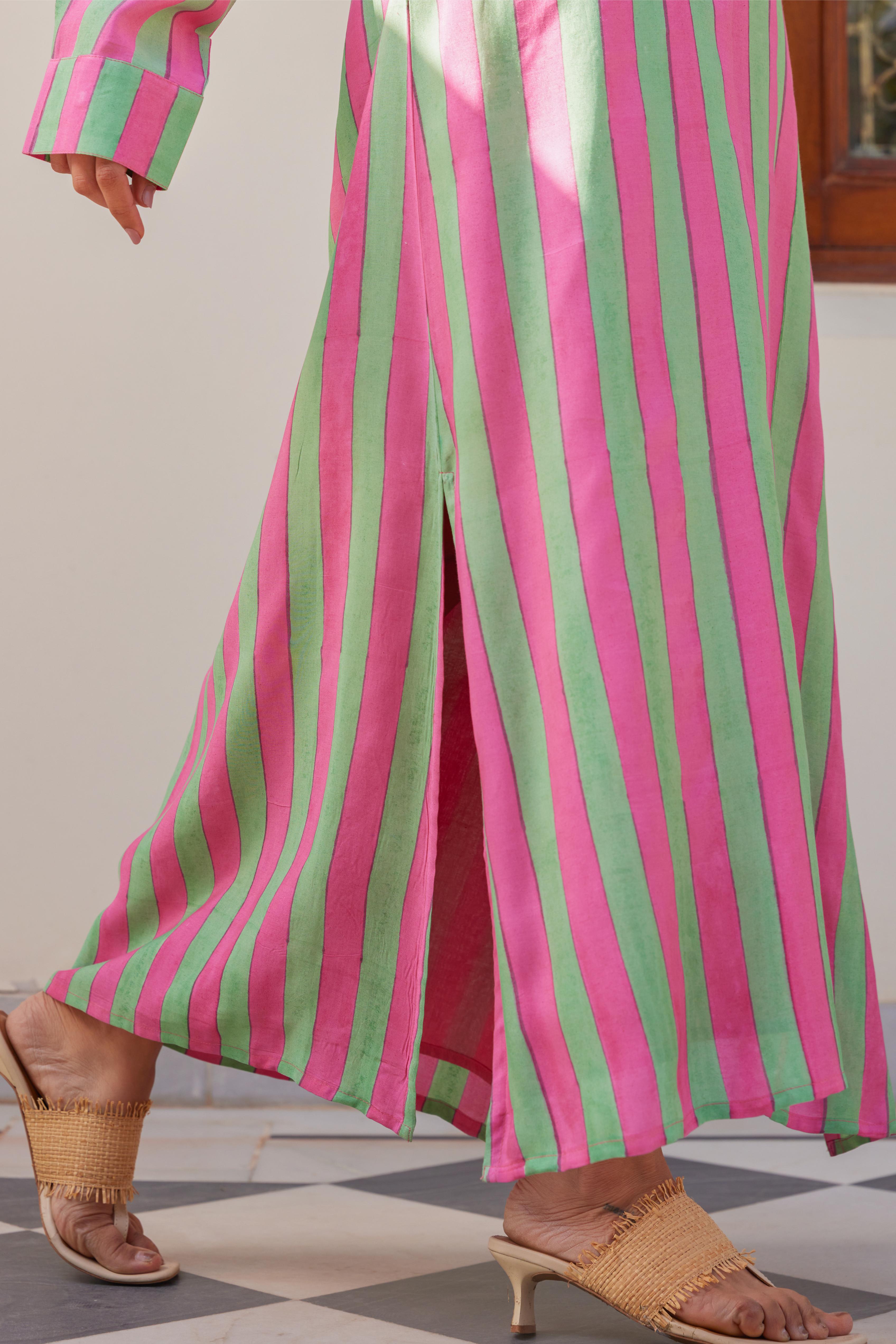 Green and Pink Stripe Maxi Dress