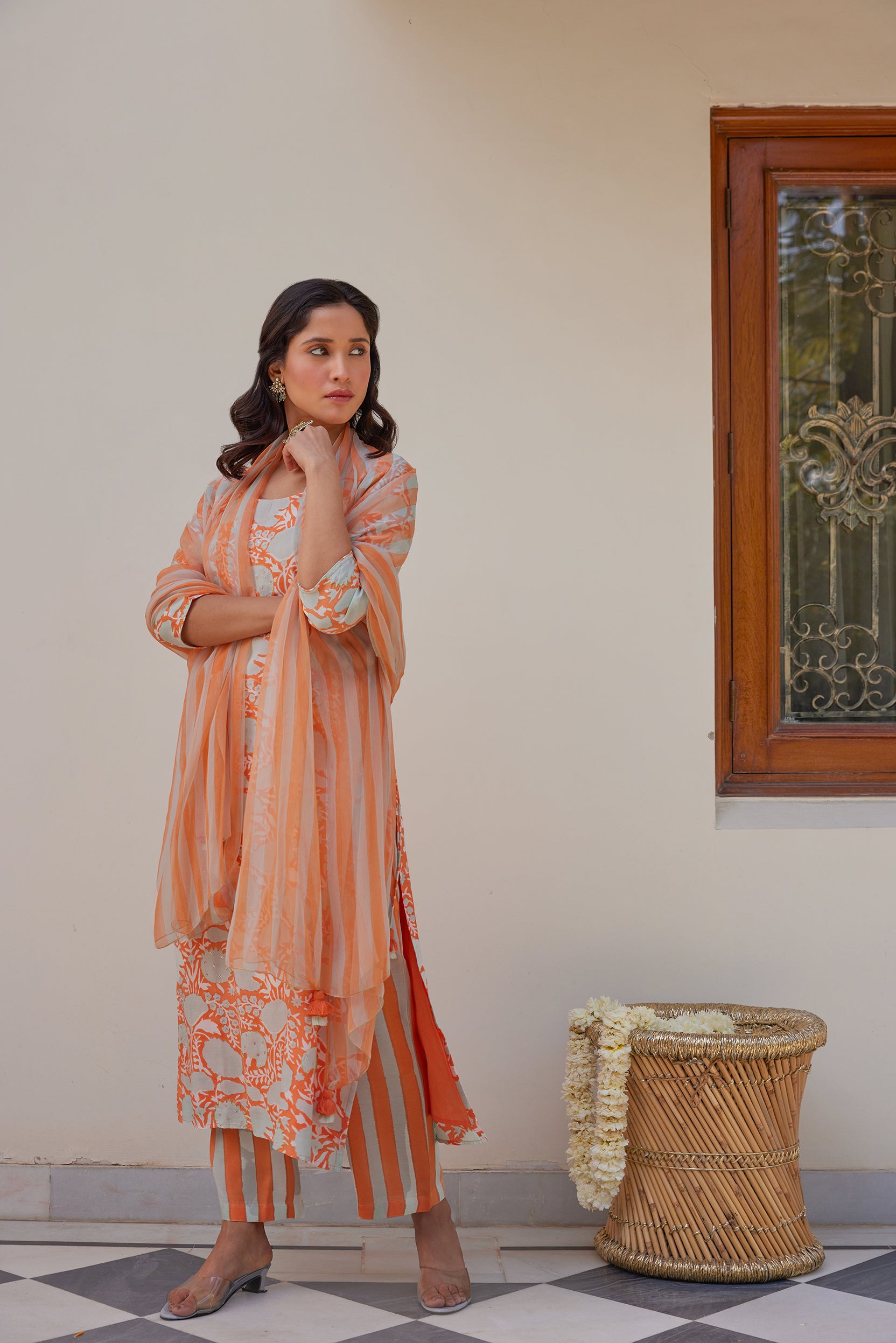 Orange Floral Kurta Set (Set of Three)