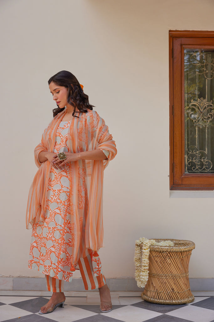 Orange Floral Kurta Set (Set of Three)