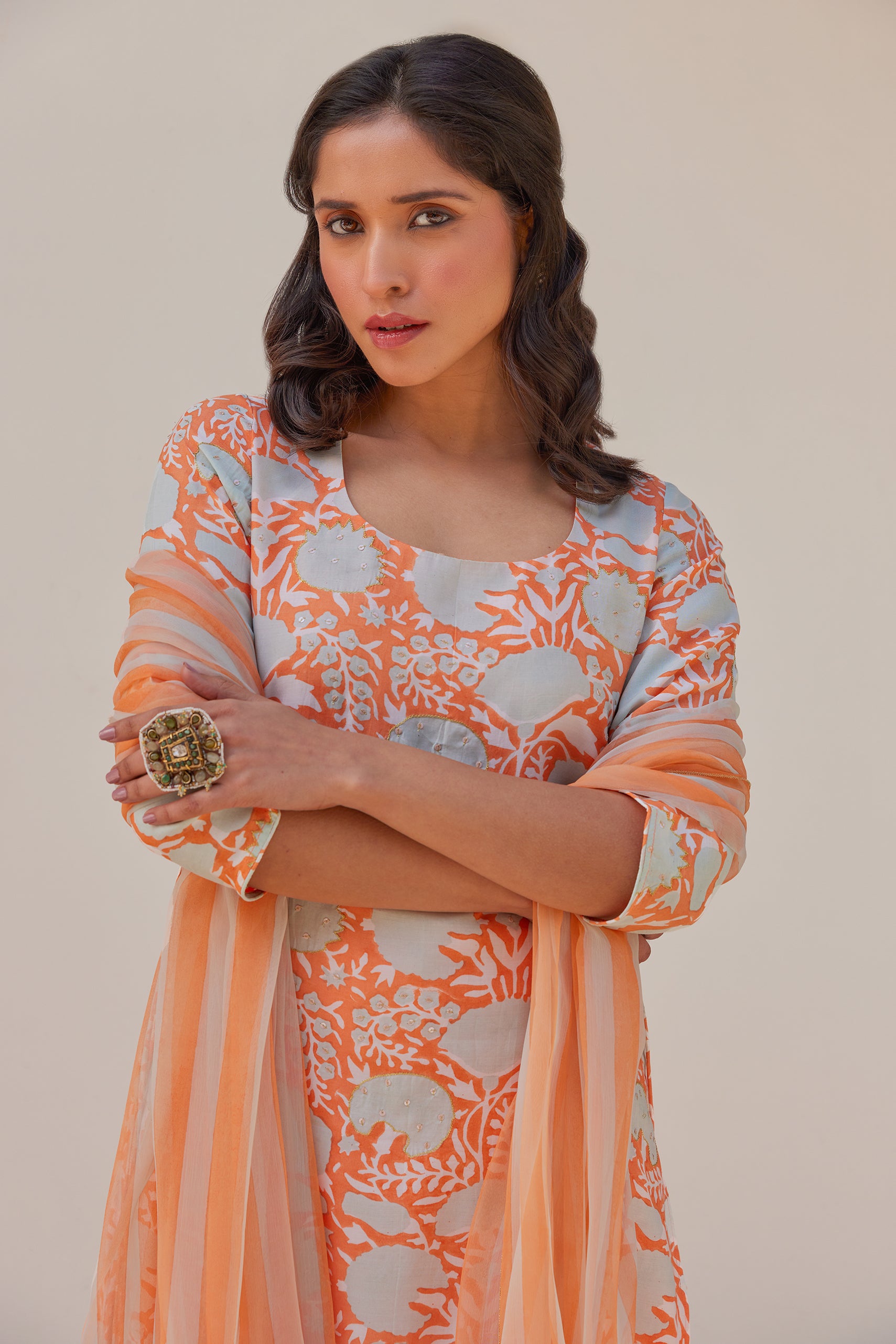 Orange Floral Kurta Set (Set of Three)