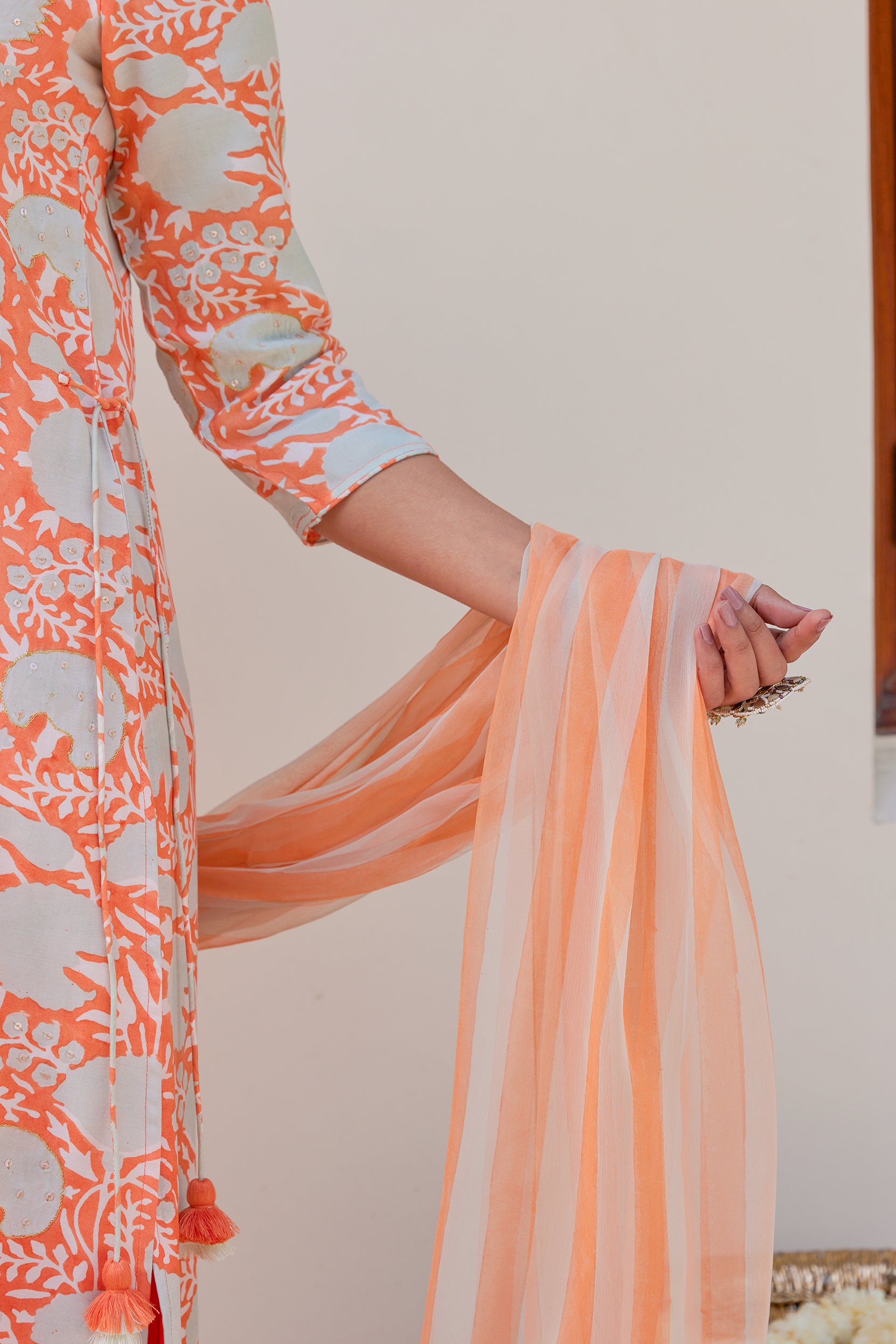 Orange Floral Kurta Set (Set of Three)