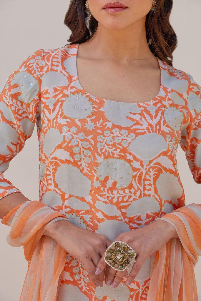 Orange Floral Kurta Set (Set of Three)