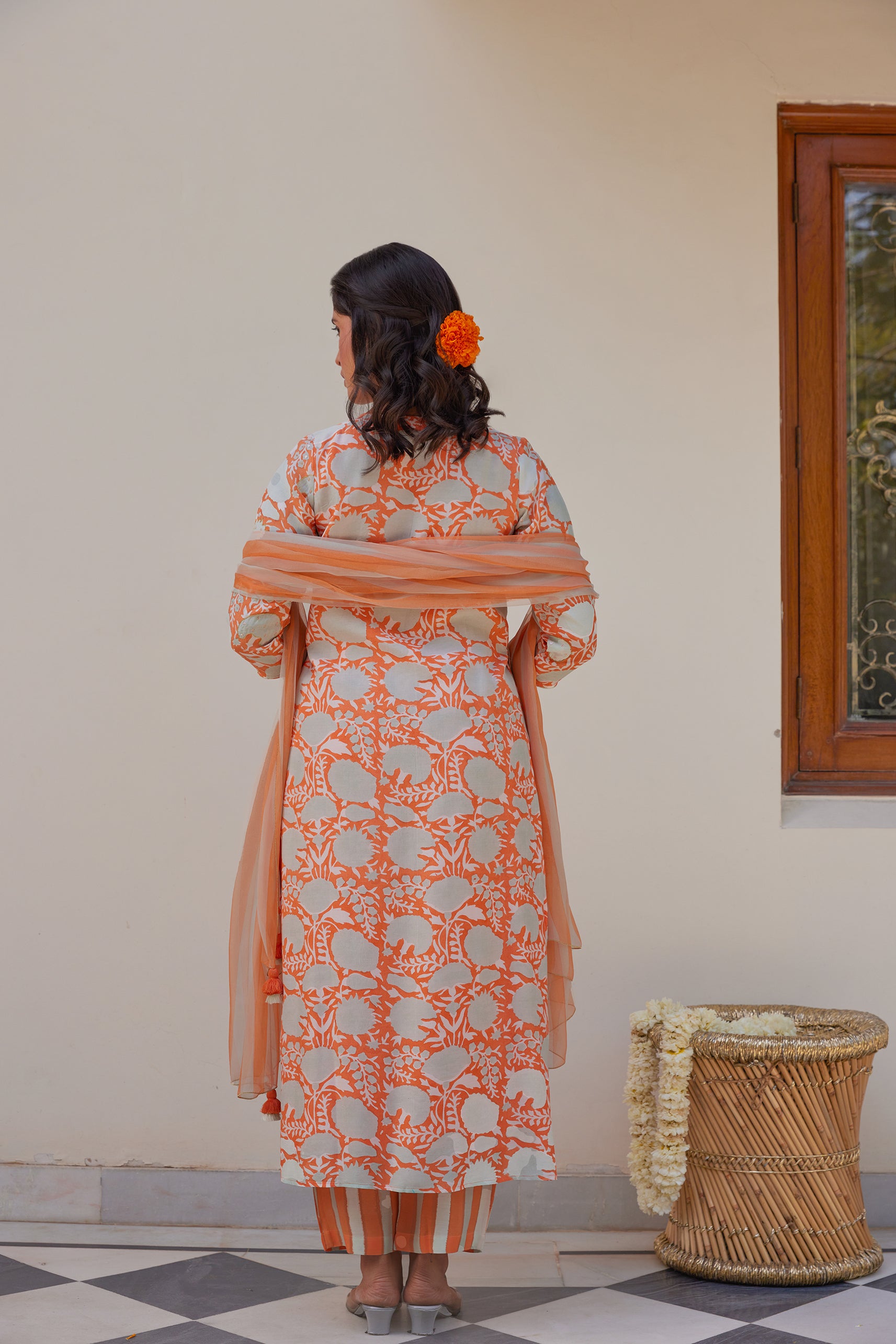 Orange Floral Kurta Set (Set of Three)