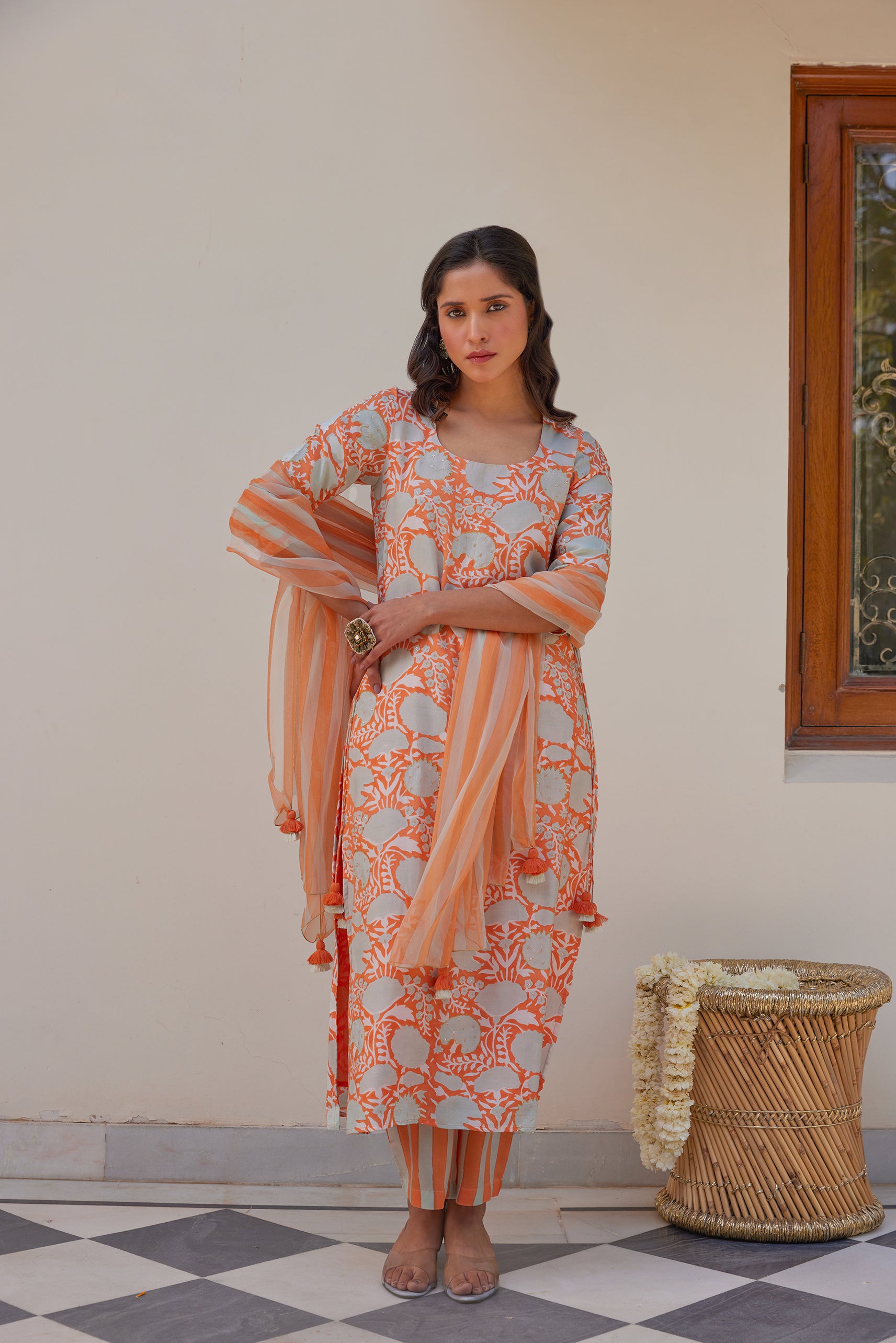 Orange Floral Kurta Set (Set of Three)