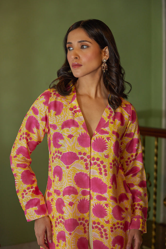 Yellow Hand Block Printed Floral Tunic Set (Set of Two)