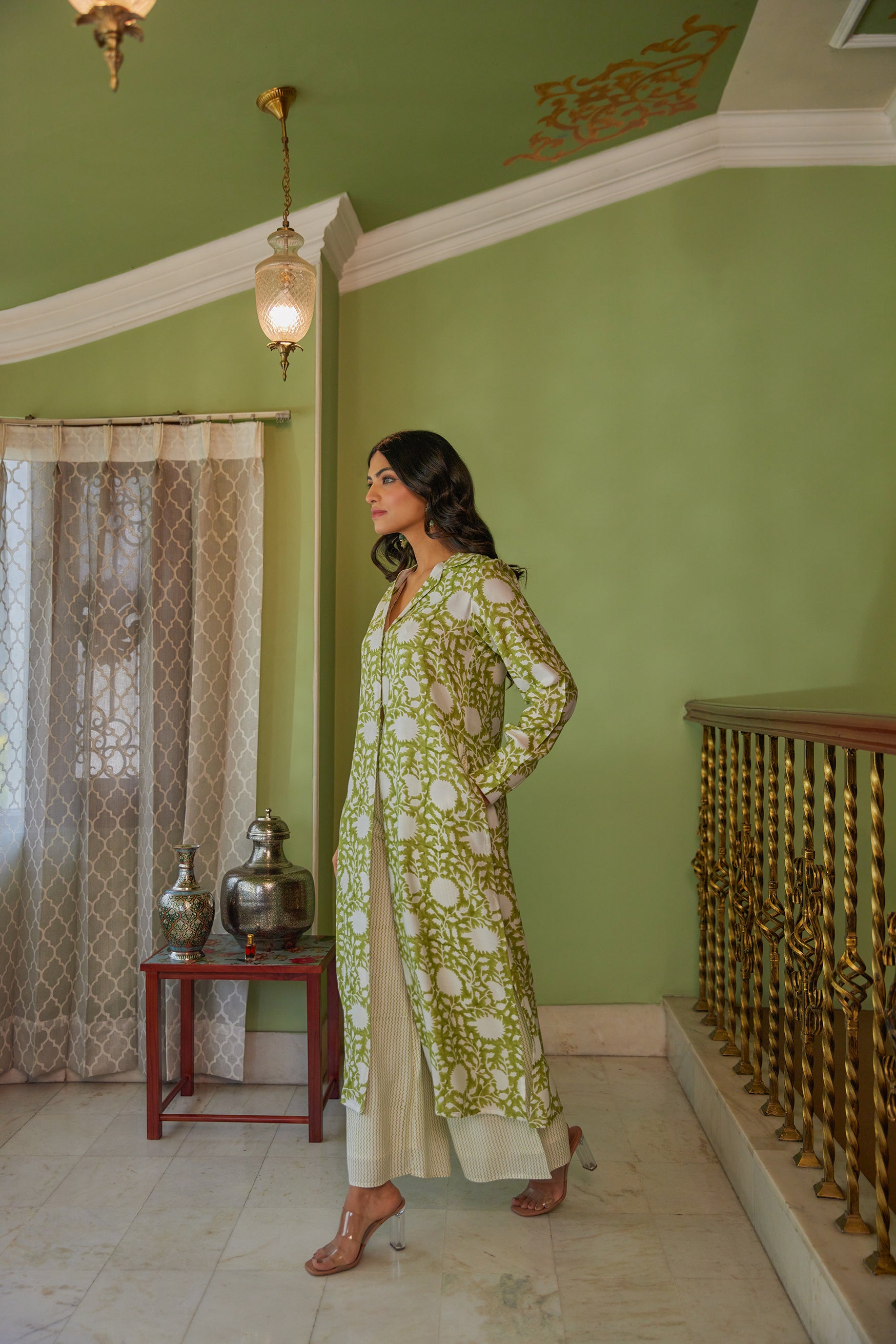 Green Hand Block Printed Floral Tunic Set (Set of Two)