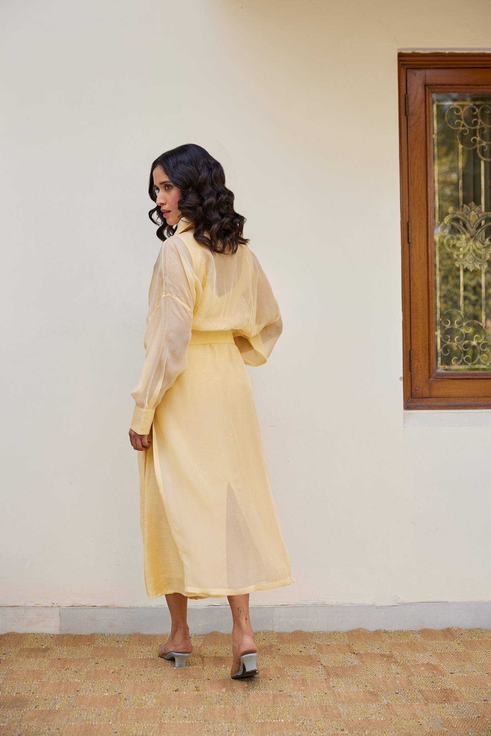 Yellow Solid Organza Jacket Set (Set of Two)