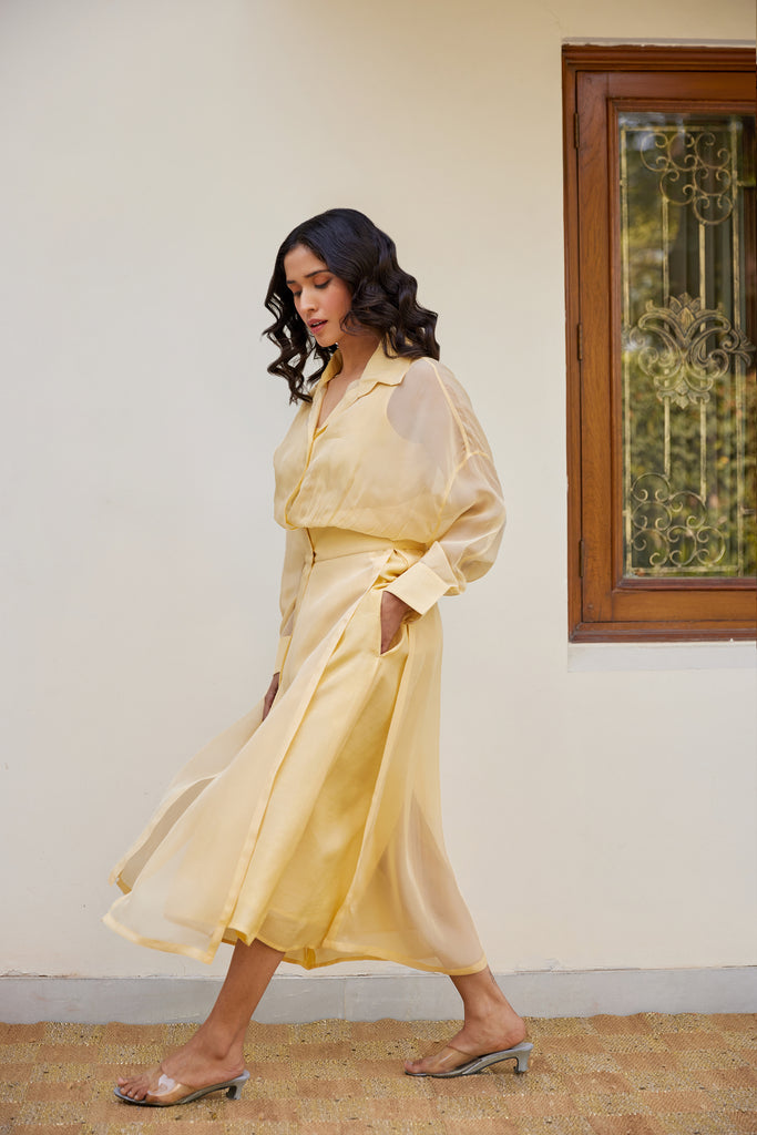 Yellow Solid Organza Jacket Set (Set of Two)