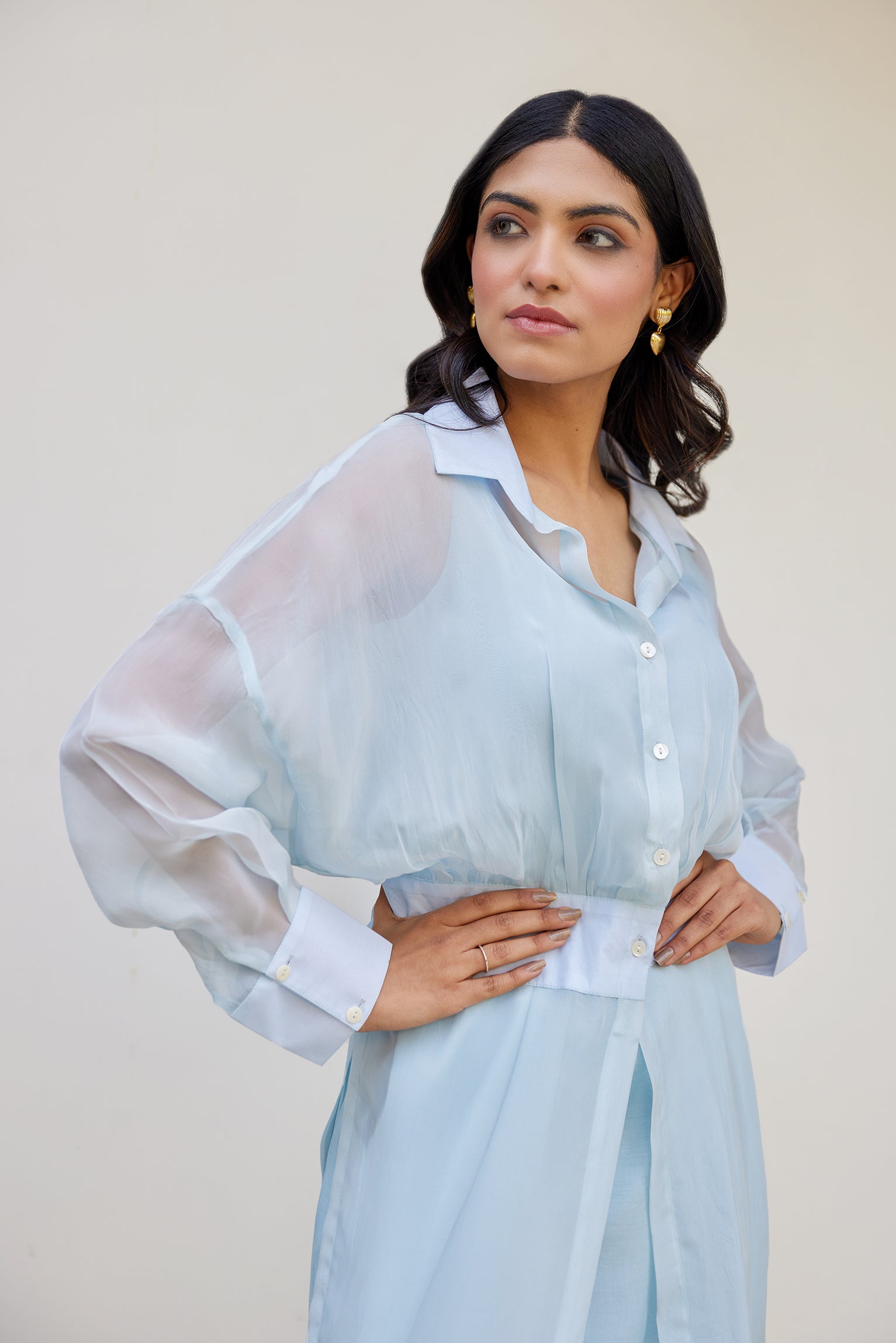 Blue Solid Organza Jacket Set (Set of Two)