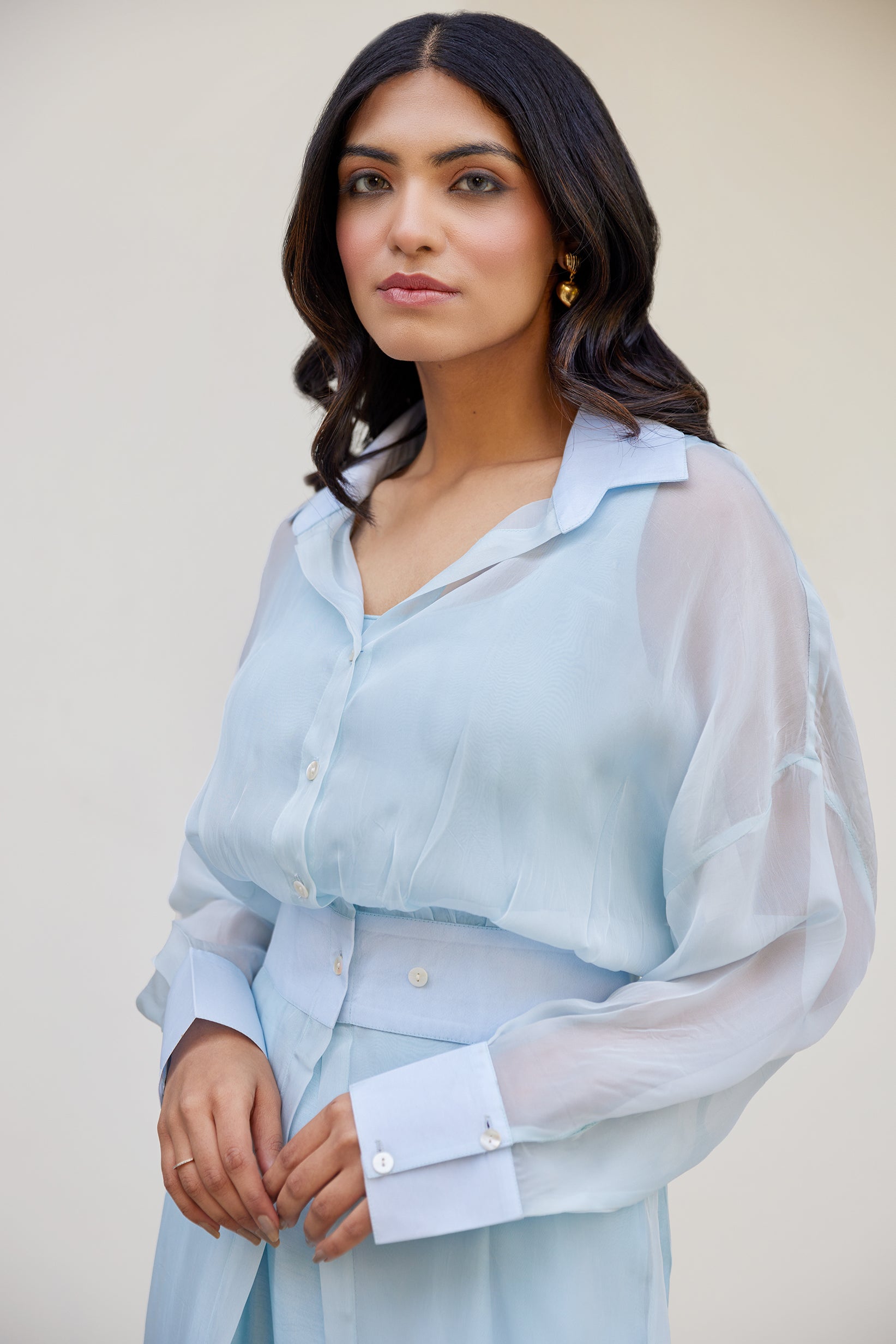 Blue Solid Organza Jacket Set (Set of Two)