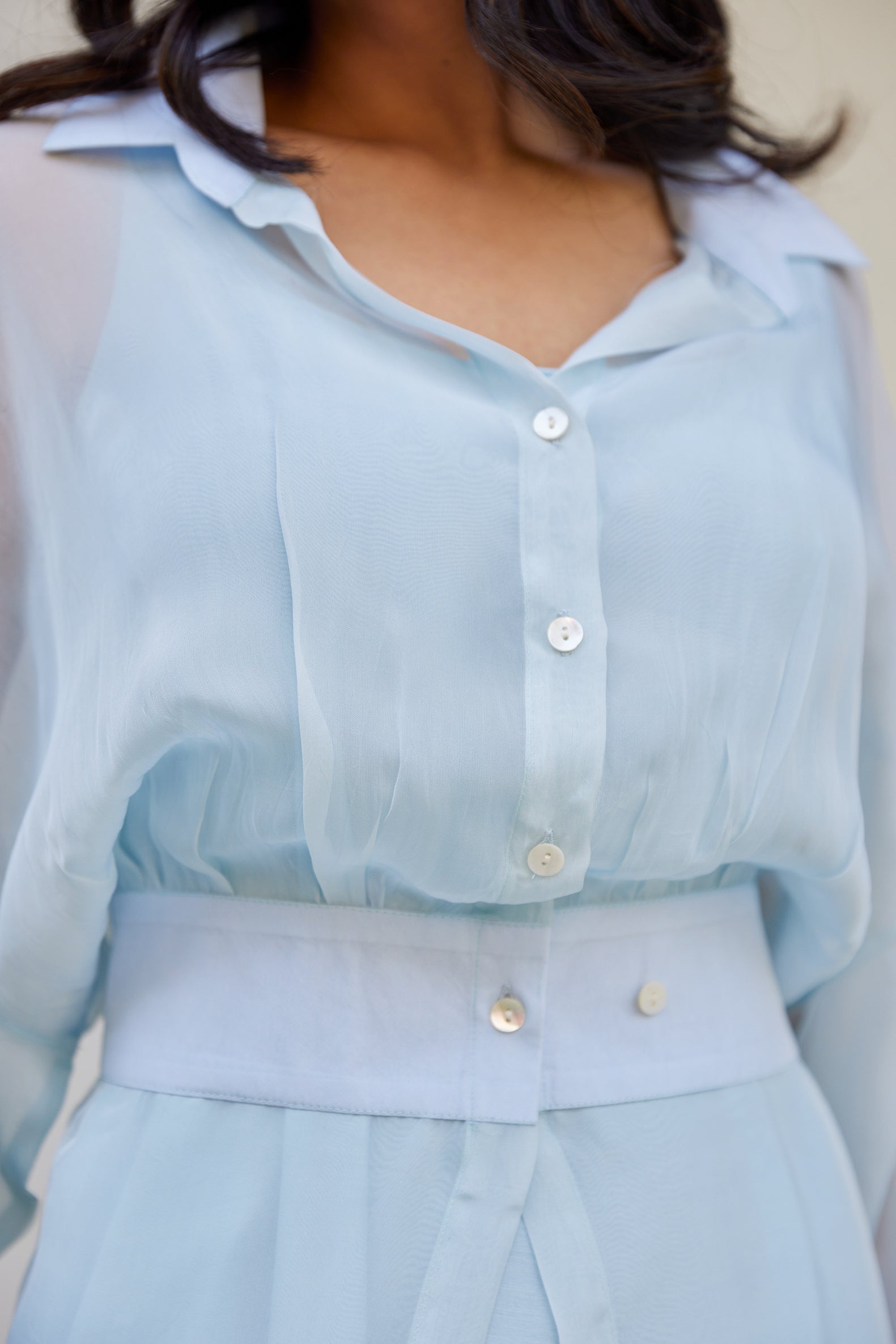 Blue Solid Organza Jacket Set (Set of Two)