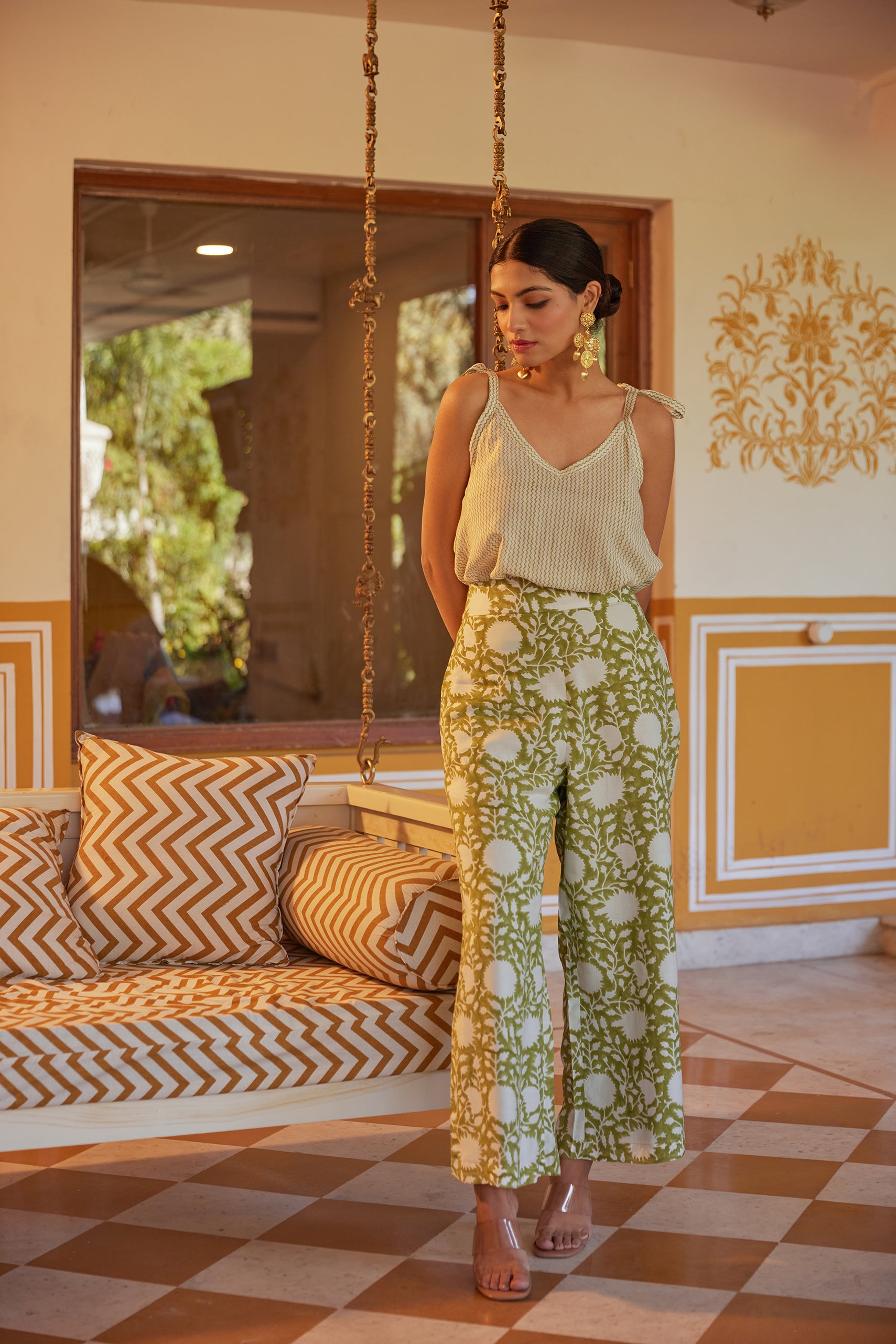 Green Floral Pants With Printed Top