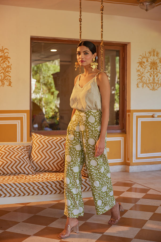 Green Floral Hand Block Printed Pant