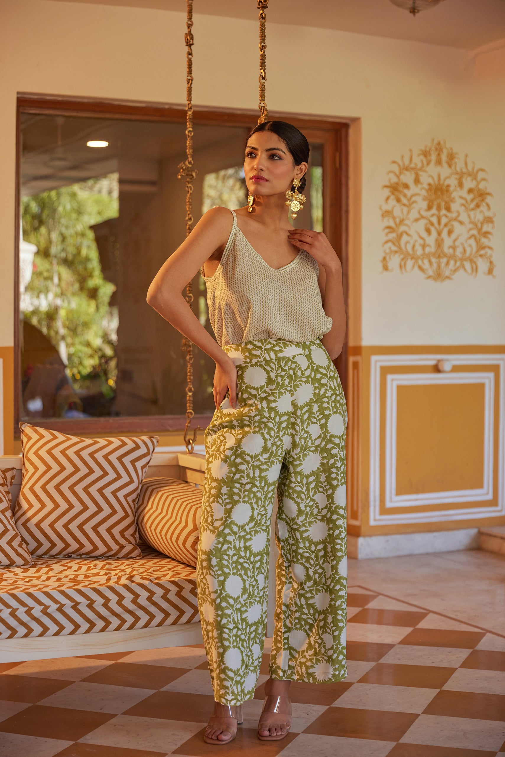 Green Floral Pants With Printed Top