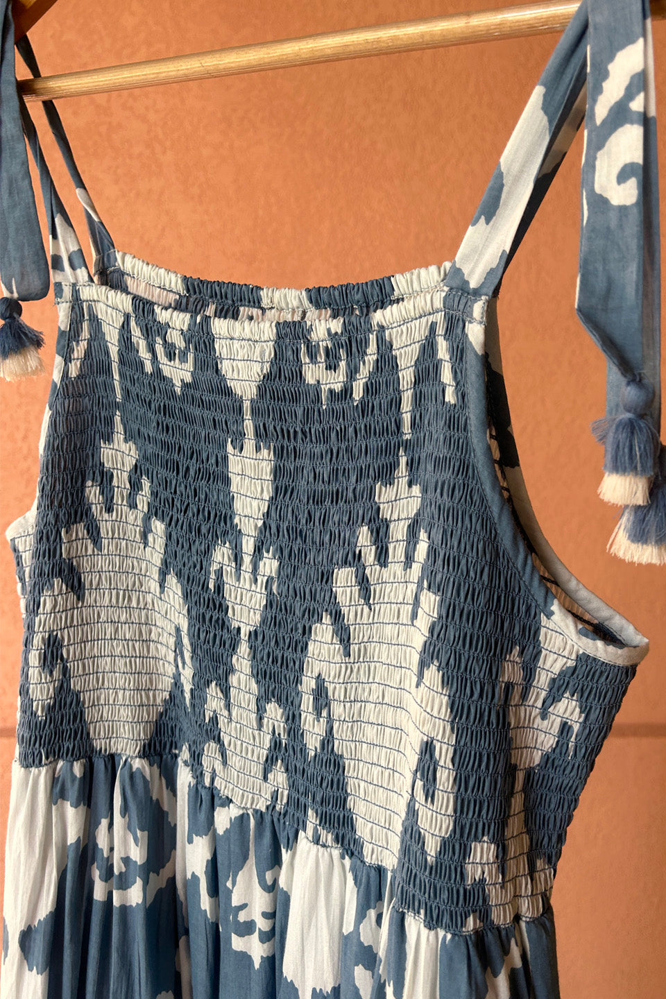 Cotton Blue Ikat Smocked Maxi Dress