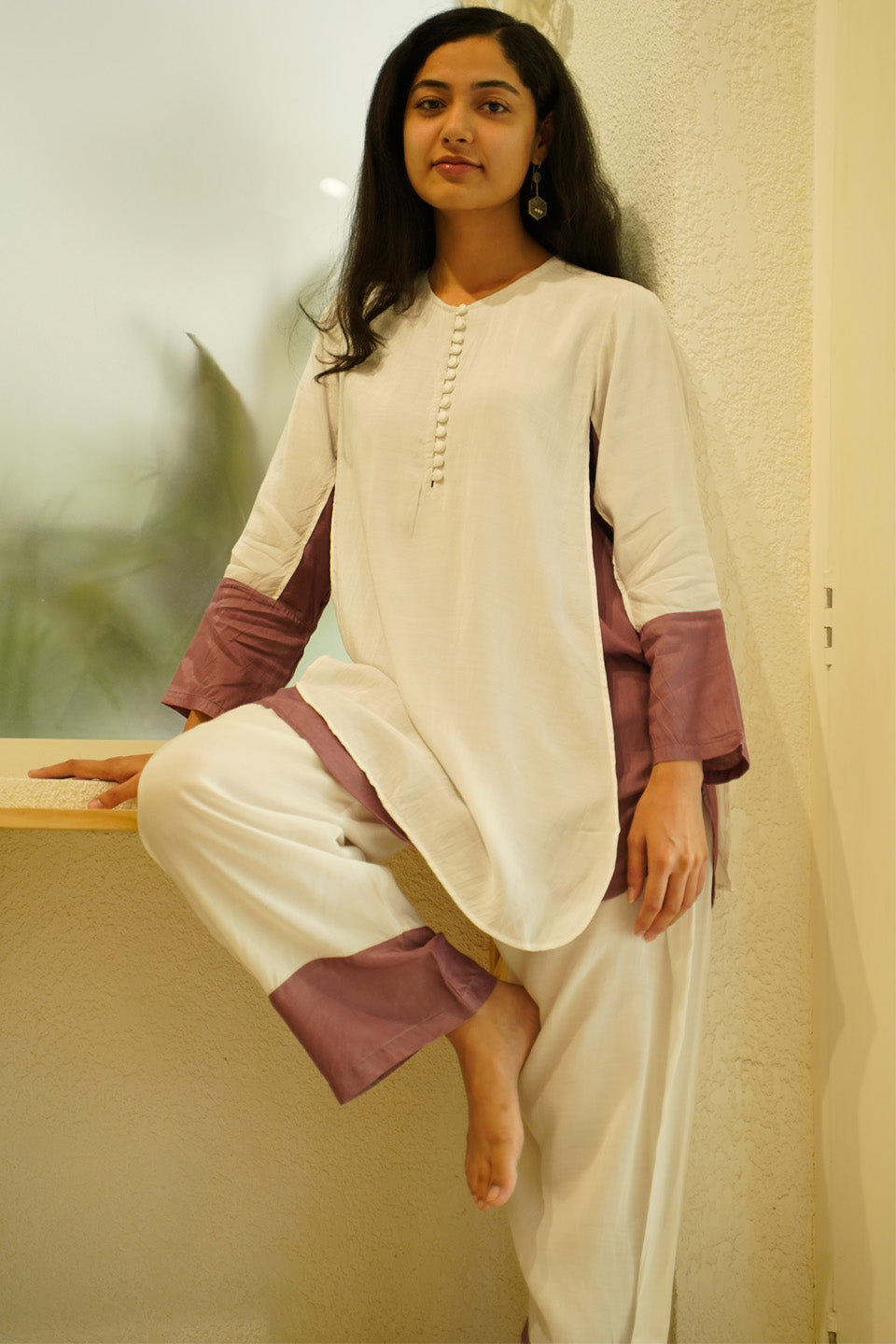 Ivory and Purple Muslin Kurta Set