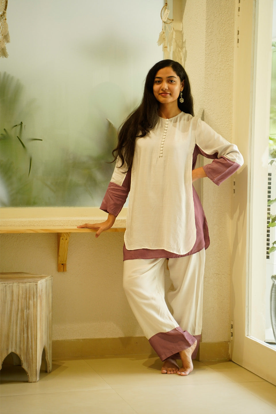 Ivory and Purple Muslin Kurta Set