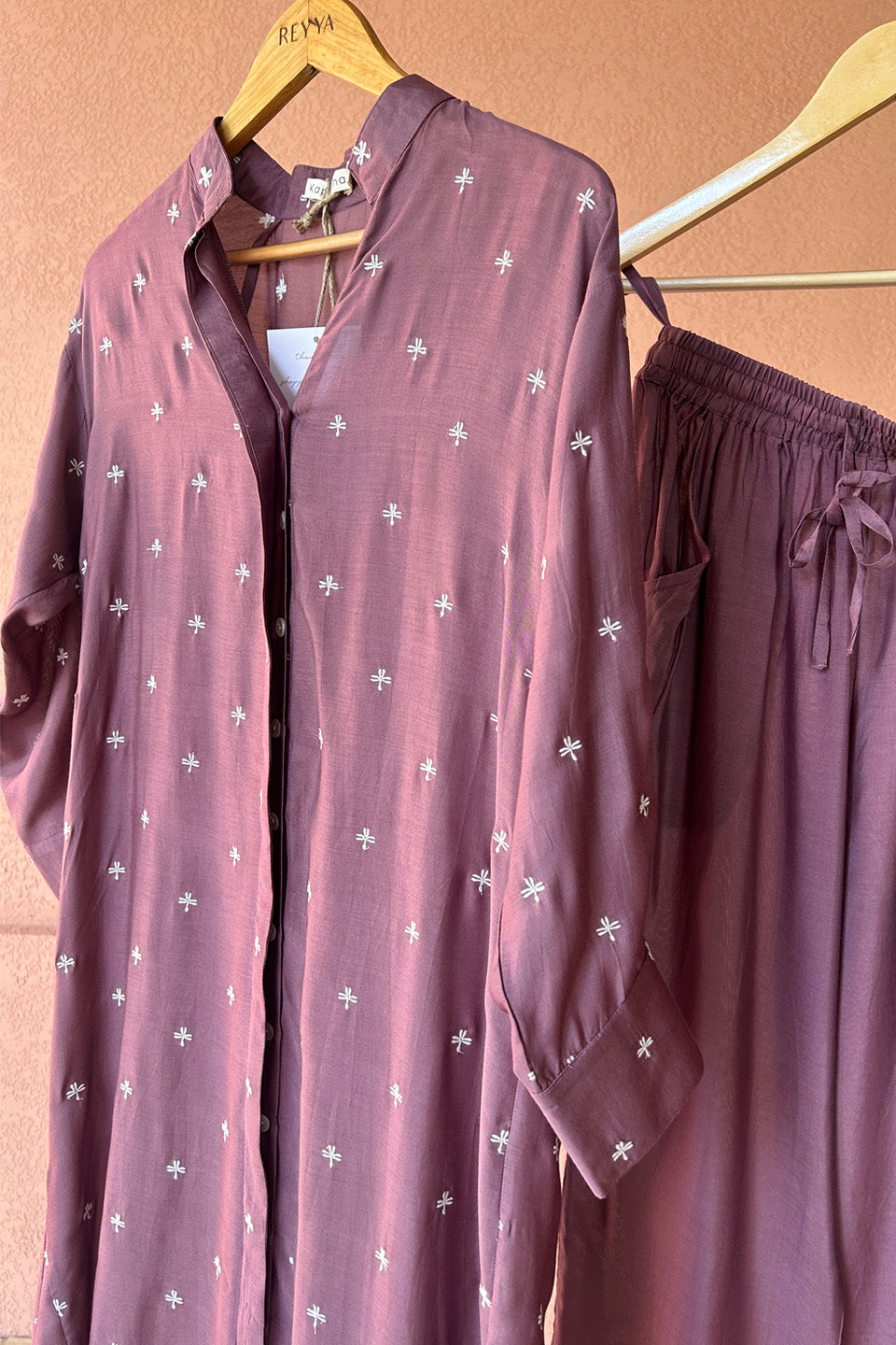Purple Muslin Embroidered Tunic Set (Set of Two)
