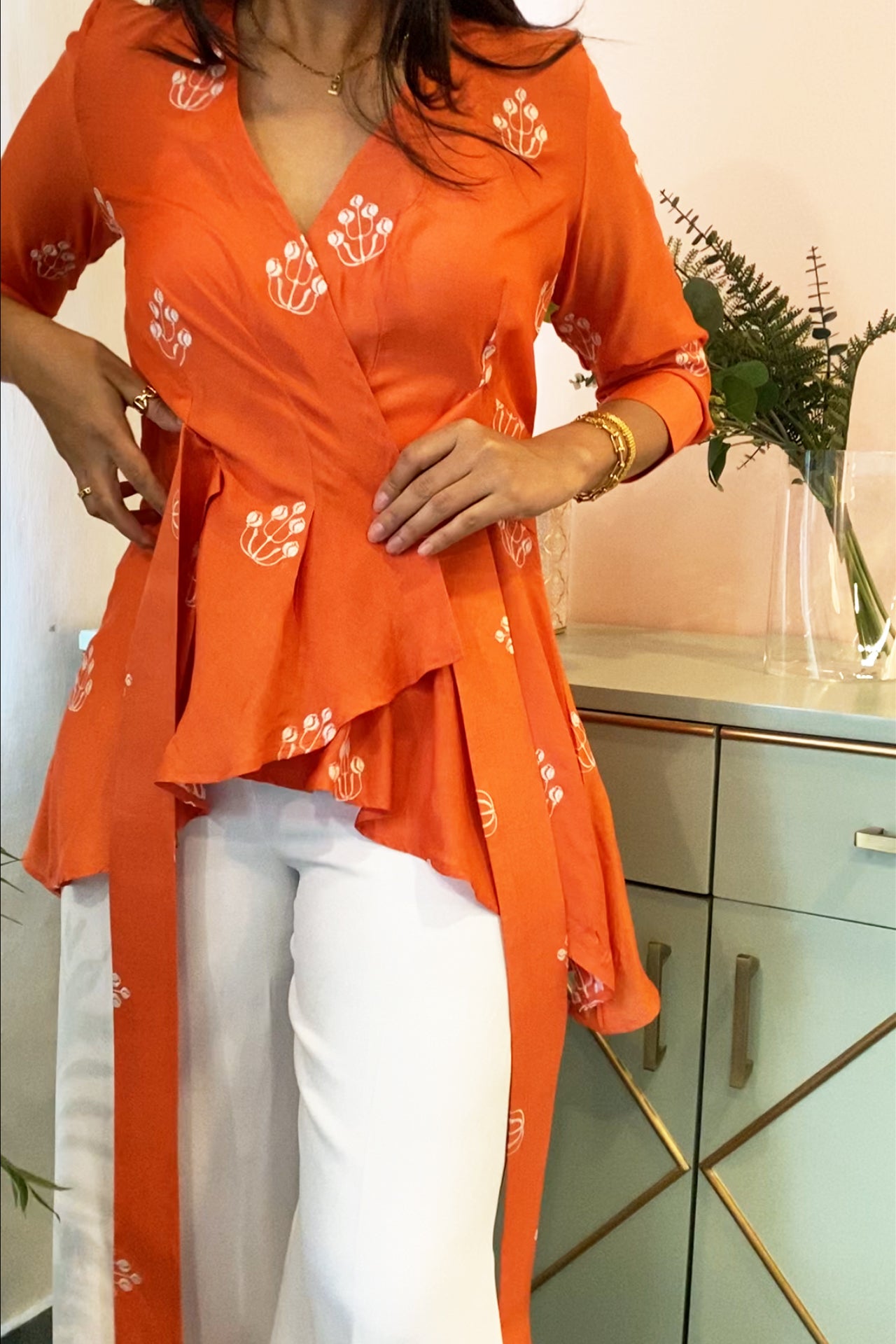 Orange Embroidered Wrap Top