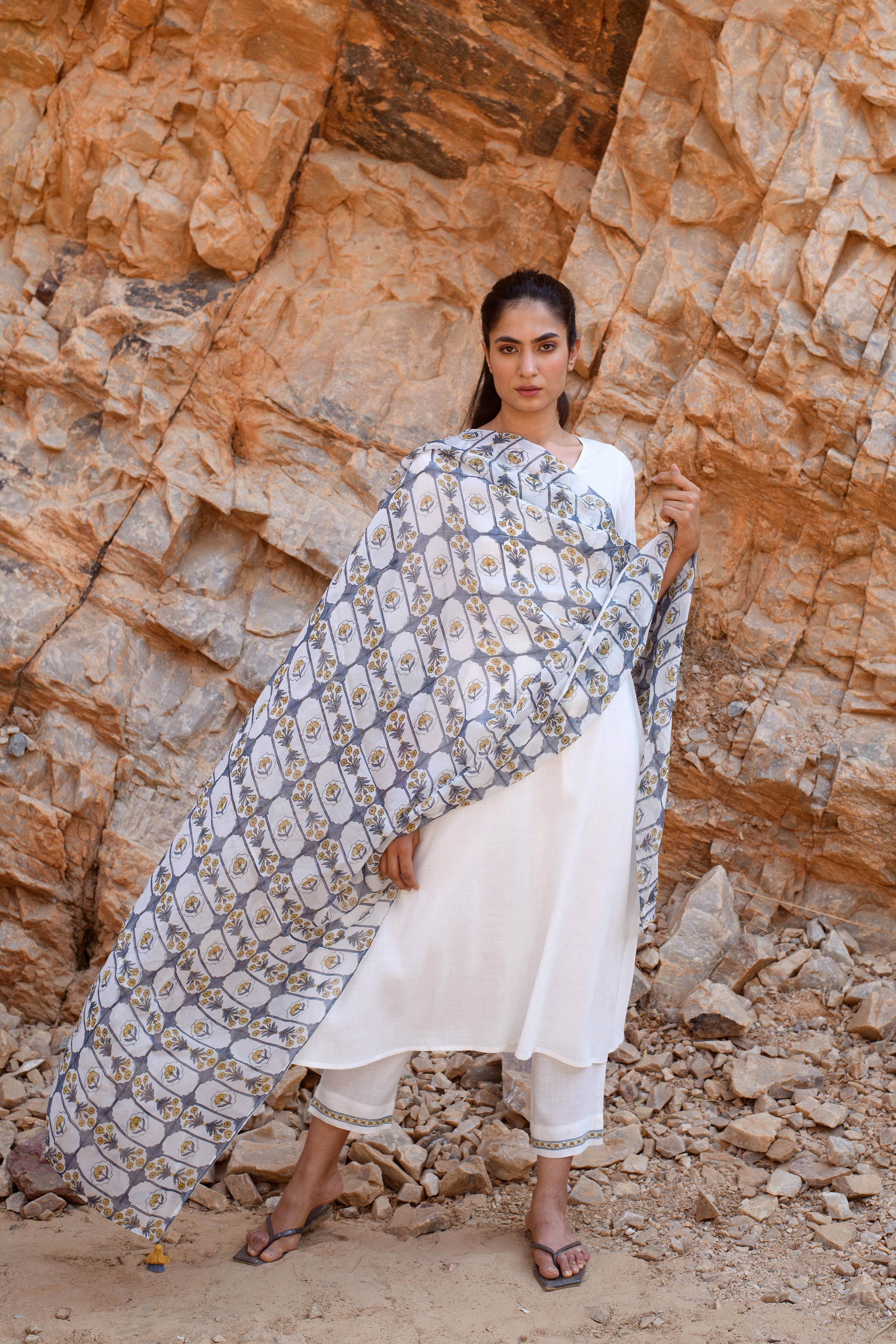 Hand Block-Printed organza dupatta-Blue (only Dupatta)