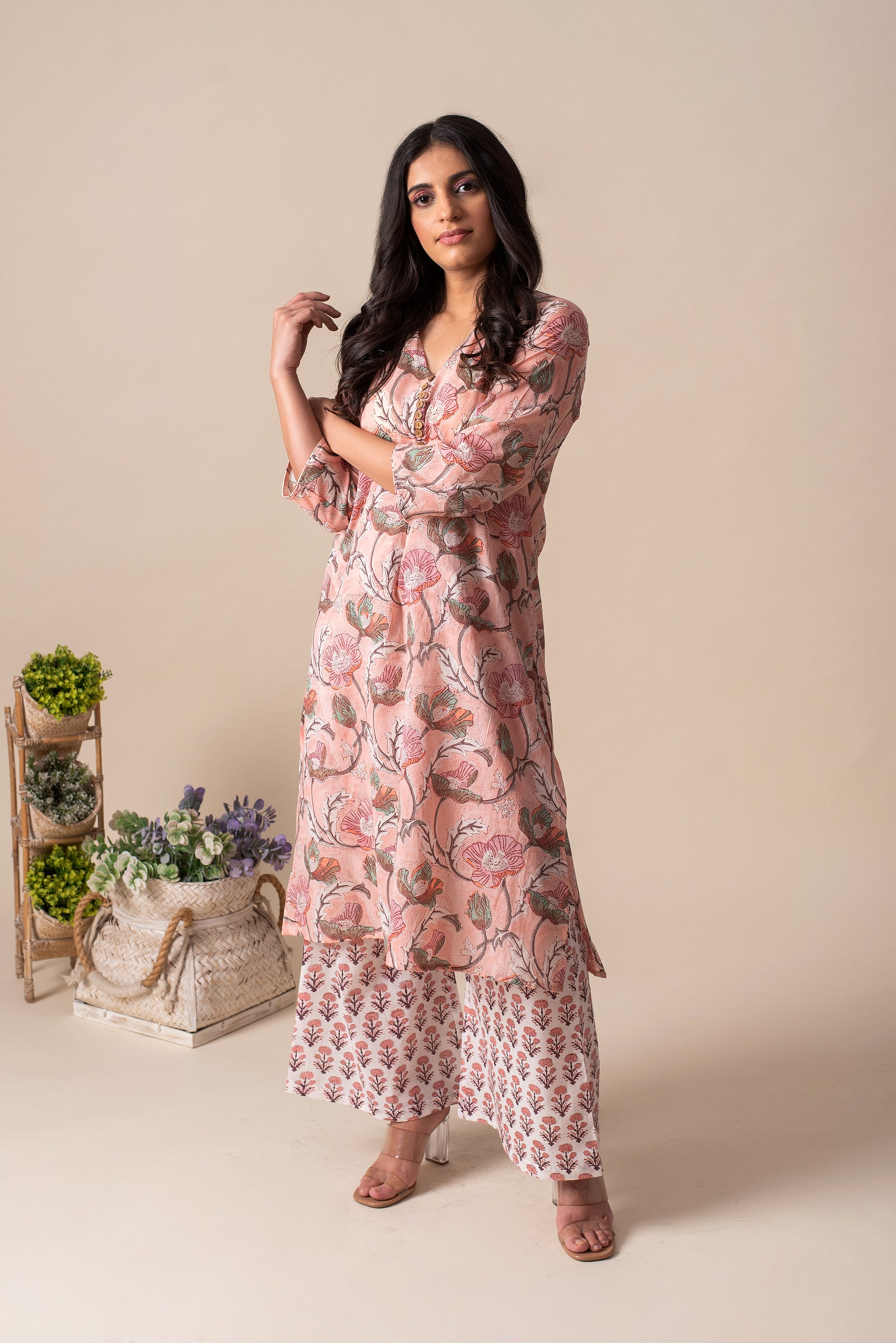 Pink Floral Cotton Tunic Set - Kapraaha