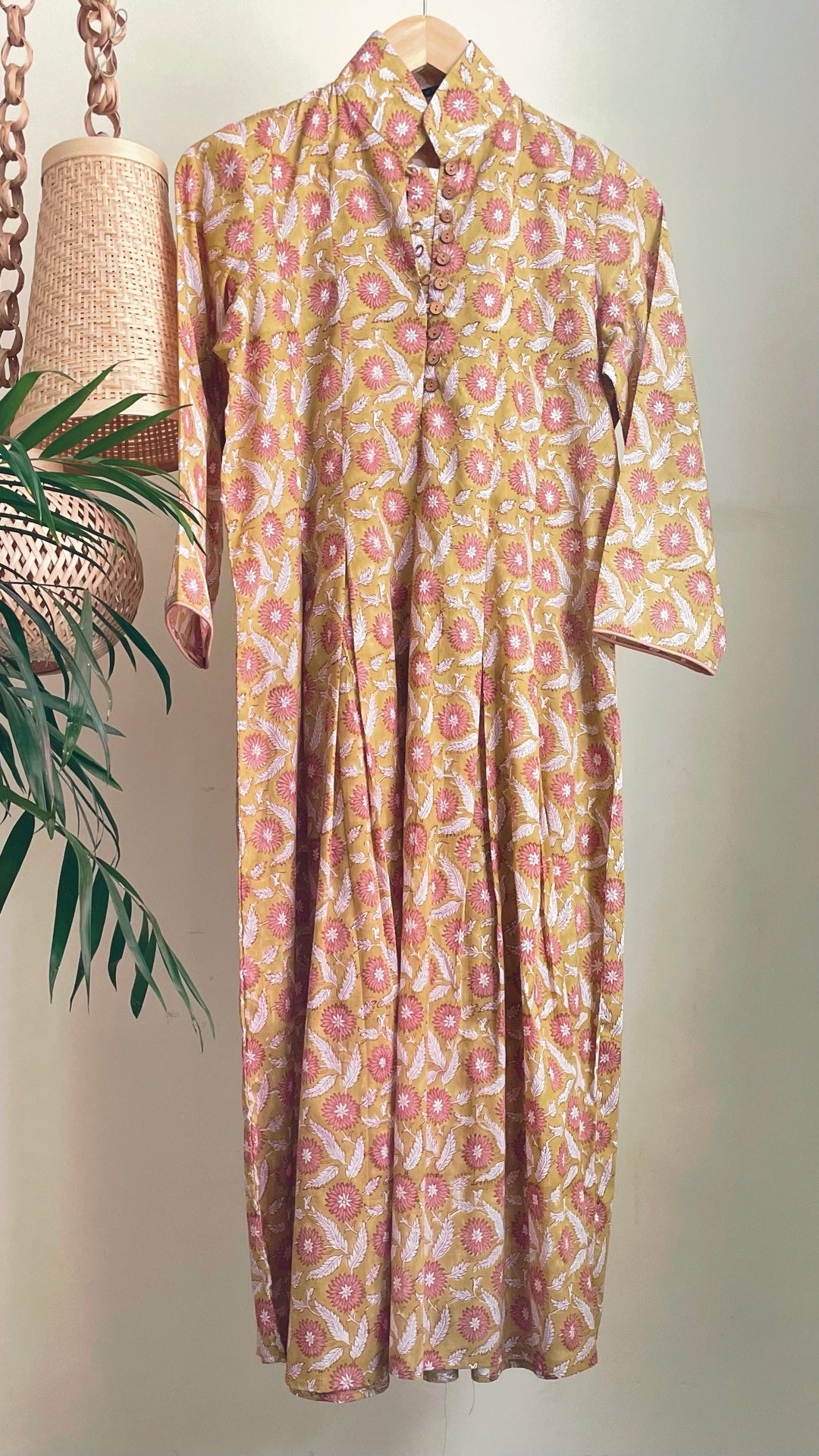 Mustard and Pink Floral Block Printed Maxi